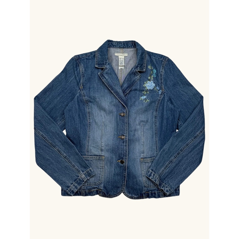 Crazy Horse Blue Floral Embroidered Denim Blazer Jacket Medium Wash Womens L